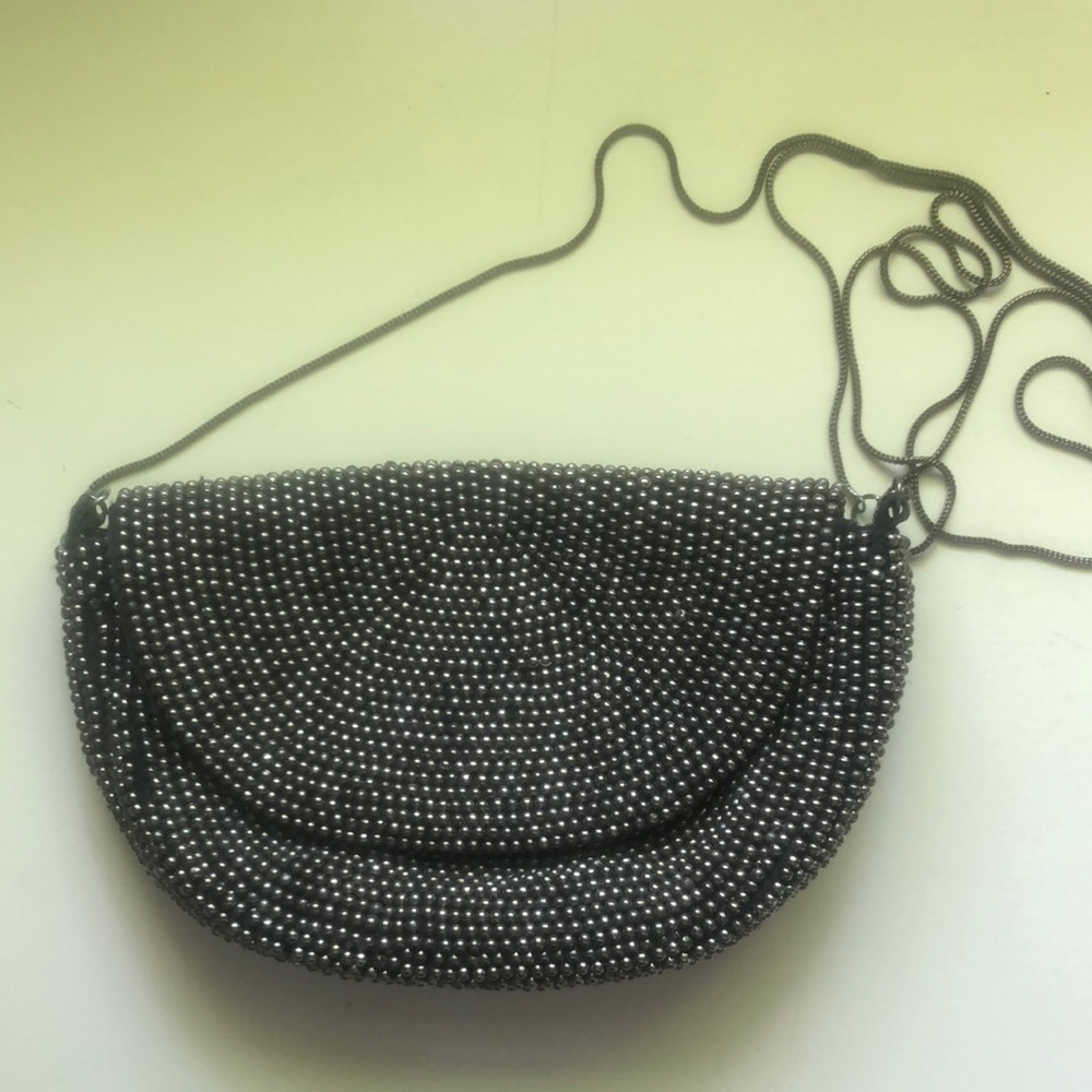 Anthropologie Silver Crossbody Bag with Glamorous Beaded Texture